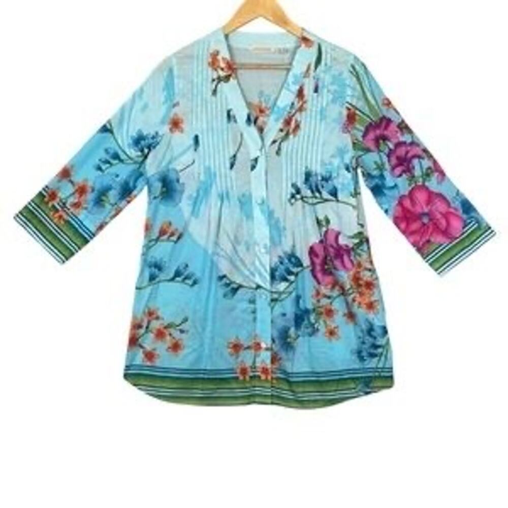 Soft Surroundings XL L'Atalante Tunic Blue Floral Pintuck Pleats Boho Indie